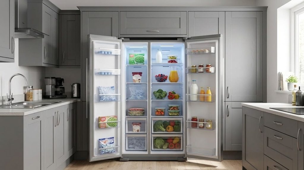 A side-by-side fridge freezer standing open and fully stocked